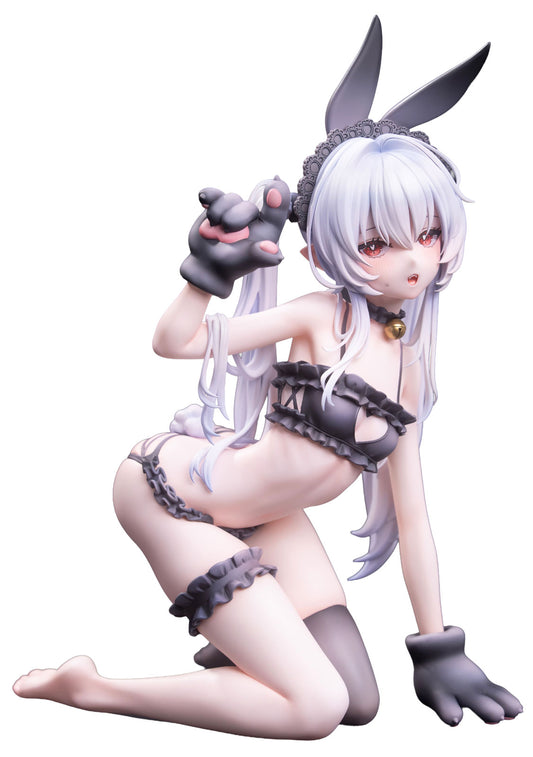 FymriE Vanya 1/6 scale collectible figurine of a pale-skinned anime girl with long white hair, bunny ears, and a choker, kneeling on a white background while holding a small gray bunny toy.