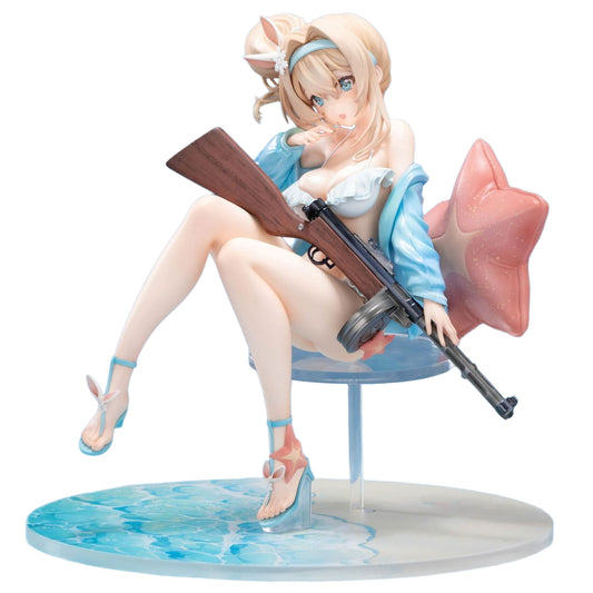 Suomi from Girls' Frontline 2: Exilium figurine, posed sitting on a blue stool with a pink star-shaped backrest, holding a rifle. The figure has blonde hair, a blue headband, a light blue top, and nude skin, standing on a circular base with a water-like blue pattern.