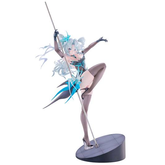 An anime figurine of PA-15 from Girls' Frontline with long white hair, posed dynamically on a pole atop a round display base against a plain white background.