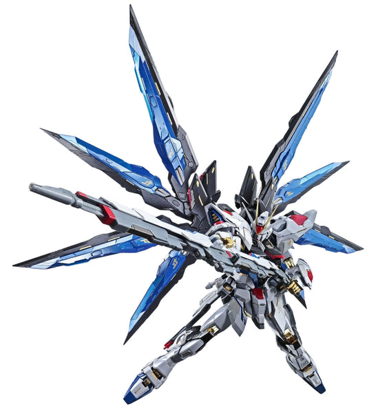 Detailed model of a robot with blue and white color scheme on a white background