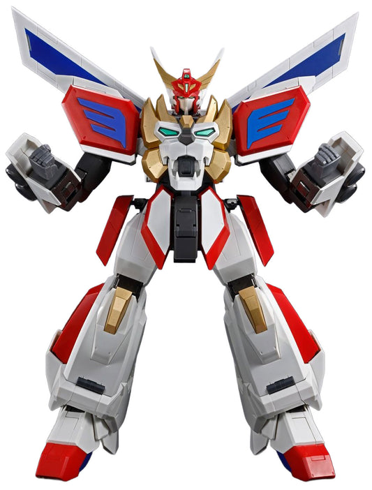 A detailed mecha robot action figure, featuring a white body with red and blue accents, gold armor plating on the head and shoulders, and black and gray hands, set against a plain white background.