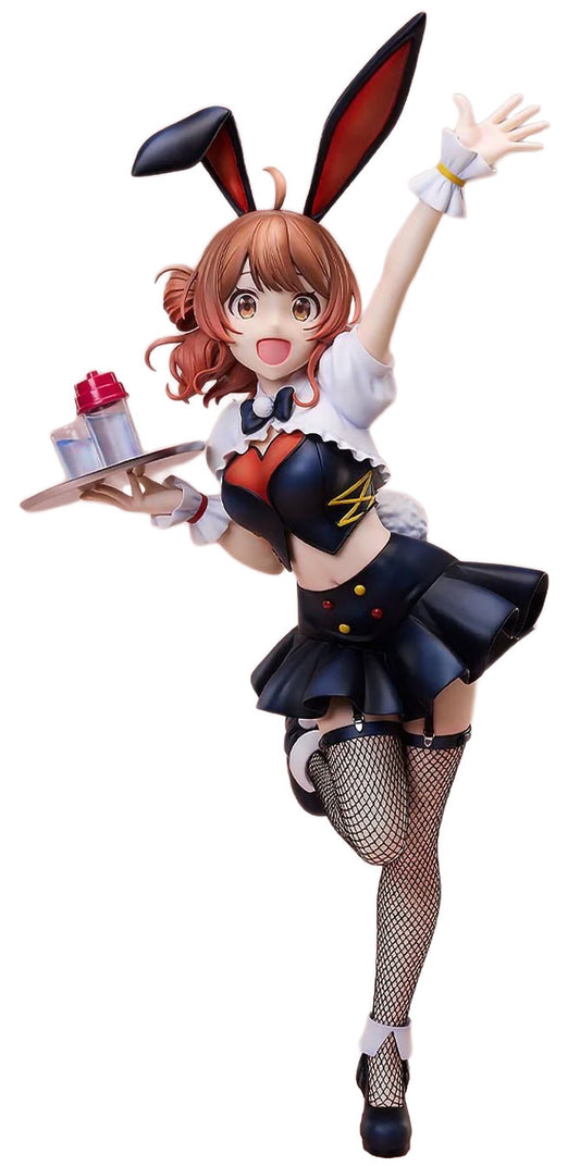 A Gakuen Idolmaster Ume Hanami figurine with orange hair, bunny ears, and an outfit, holding a tray with two small bottles, isolated on a white background.