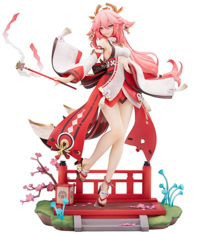A detailed collectible figurine of a pink-haired anime-style female character posed on a red bridge over a decorative base with cherry blossoms and blue floral accents, isolated on a white background.