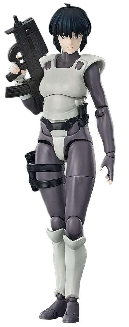 A Motoko Kusanagi anime action figure holding a black rifle, wearing a gray and white bodysuit with black accents, set against a plain white background.