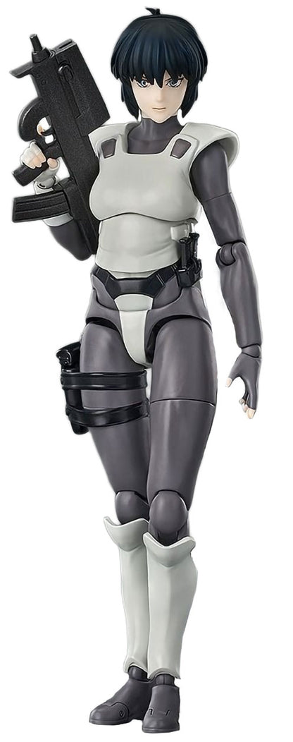 A Motoko Kusanagi anime action figure holding a black rifle, wearing a gray and white bodysuit with black accents, set against a plain white background.