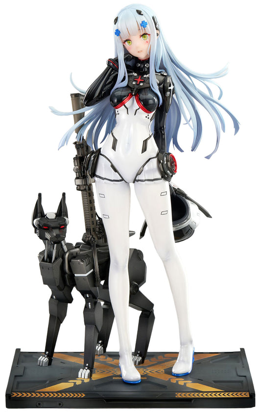 An anime figurine of a female character with long light blue hair, wearing a white and black bodysuit, standing next to a black robotic dog on a black display base with gold markings.