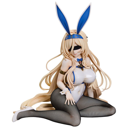 Sword Maiden from Goblin Slayer figurine posed sitting on the floor, with long blonde hair, blue bunny ears, a black eye patch, white and blue outfit, black fishnet stockings, and white shoes, photographed on a plain white background.