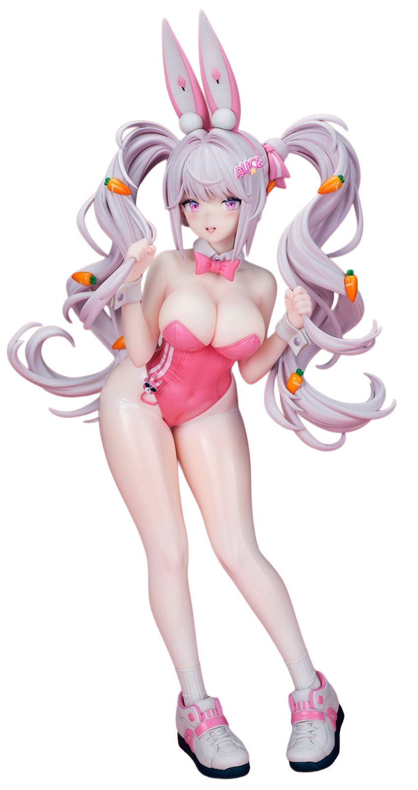 Goddess of Victory: Nikke Alice figurine of a pink bunny girl character with long lavender hair, bunny ears, a pink bow, and a pink bikini, posed against a plain white background.