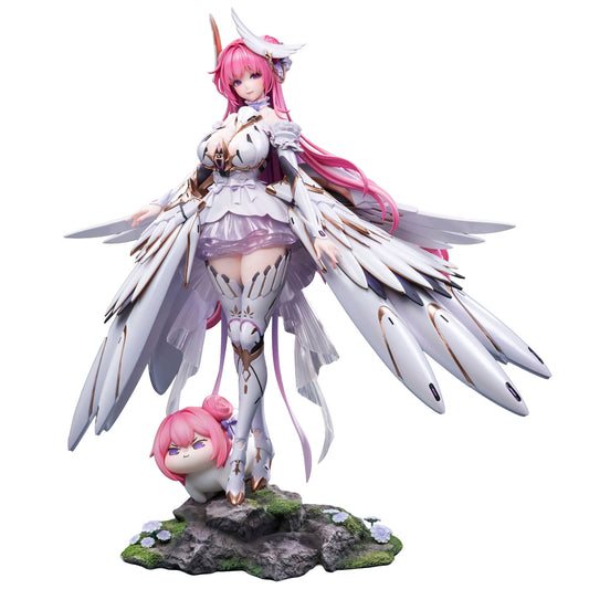 A detailed Goddess of Victory: Nikke figurine of pink-haired Dorothy with large white wings, plus a small matching Doro figure, posed on a rocky base against a plain white background.