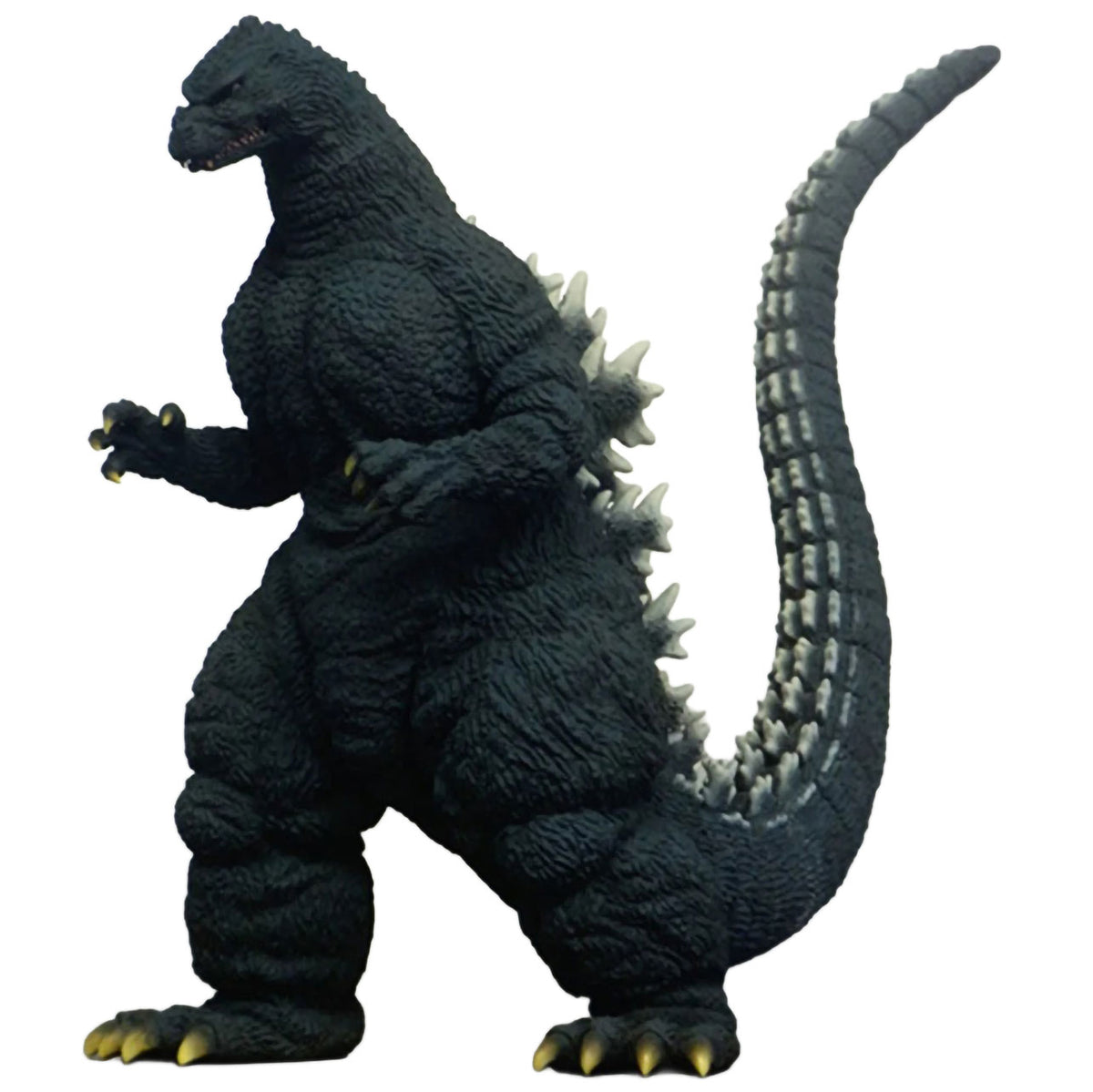 Godzilla figurine in a dignified stance, featuring textured dark gray and black skin with white spines and yellow claws, isolated on a white background.