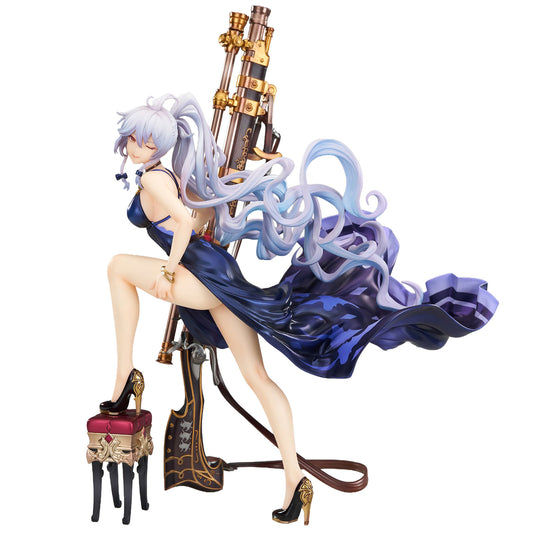 A detailed anime figurine of Silva from Granblue Fantasy with long flowing light blue and lavender hair, wearing a dark blue dress and high heels, posed with a large brass instrument on a stand next to a small red-and-gold stool, against a plain white background.