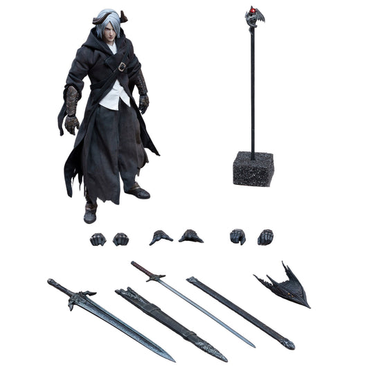 Hunter of Dragonfyre from Gravity Garden action figure with a long black robe, white shirt, and silver-gray hair, shown with multiple accessories including swords, gloves, and a stand on a plain white background.