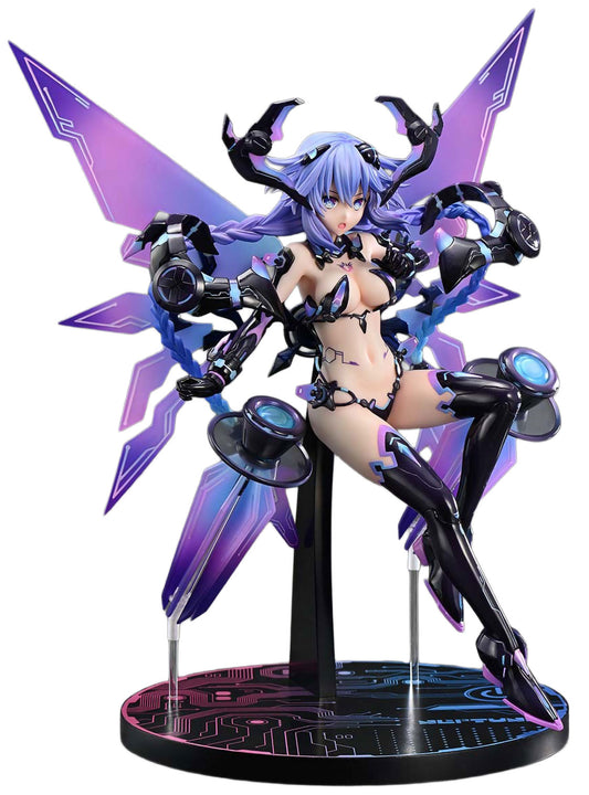 Hyperdimension Neptunia Purple Heart Chaos collectible figure posed on a black display stand with a circular base. The figure has light blue hair, a futuristic black and purple bodysuit, large angular purple wings, and cybernetic arm details against a plain white background.