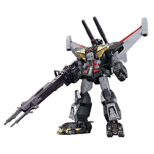 A detailed Dancouga mecha robot model in a standing pose, featuring a black and gray body with gold, red, and white accents, holding a large black weapon and equipped with wing-like structures on a plain white background.