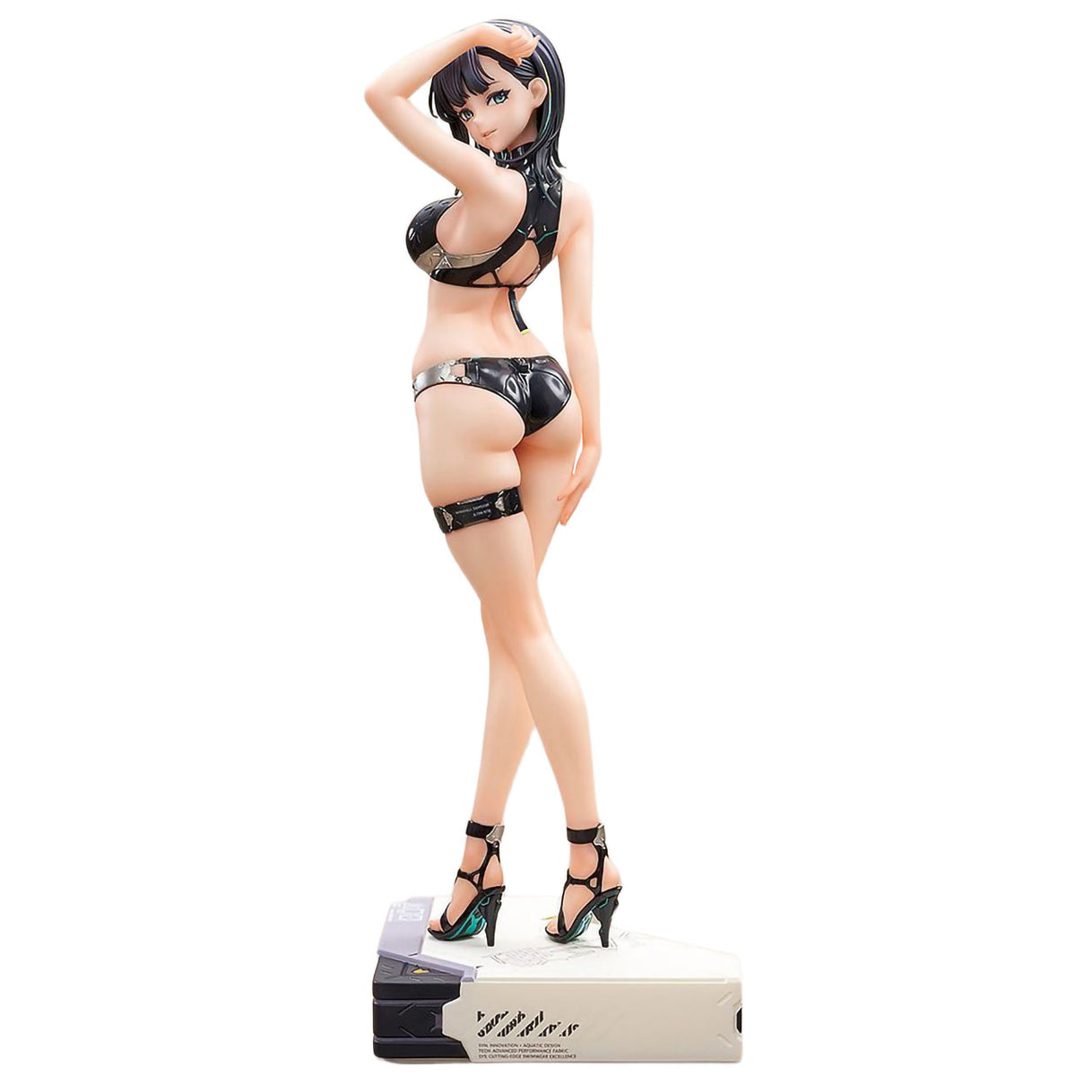 Hard Shell Swimwear Girls Ao Konno 1/6 scale figure featuring short black hair, a glossy black futuristic bikini, thigh strap, and high heels, posing elegantly on a mechanical display base.