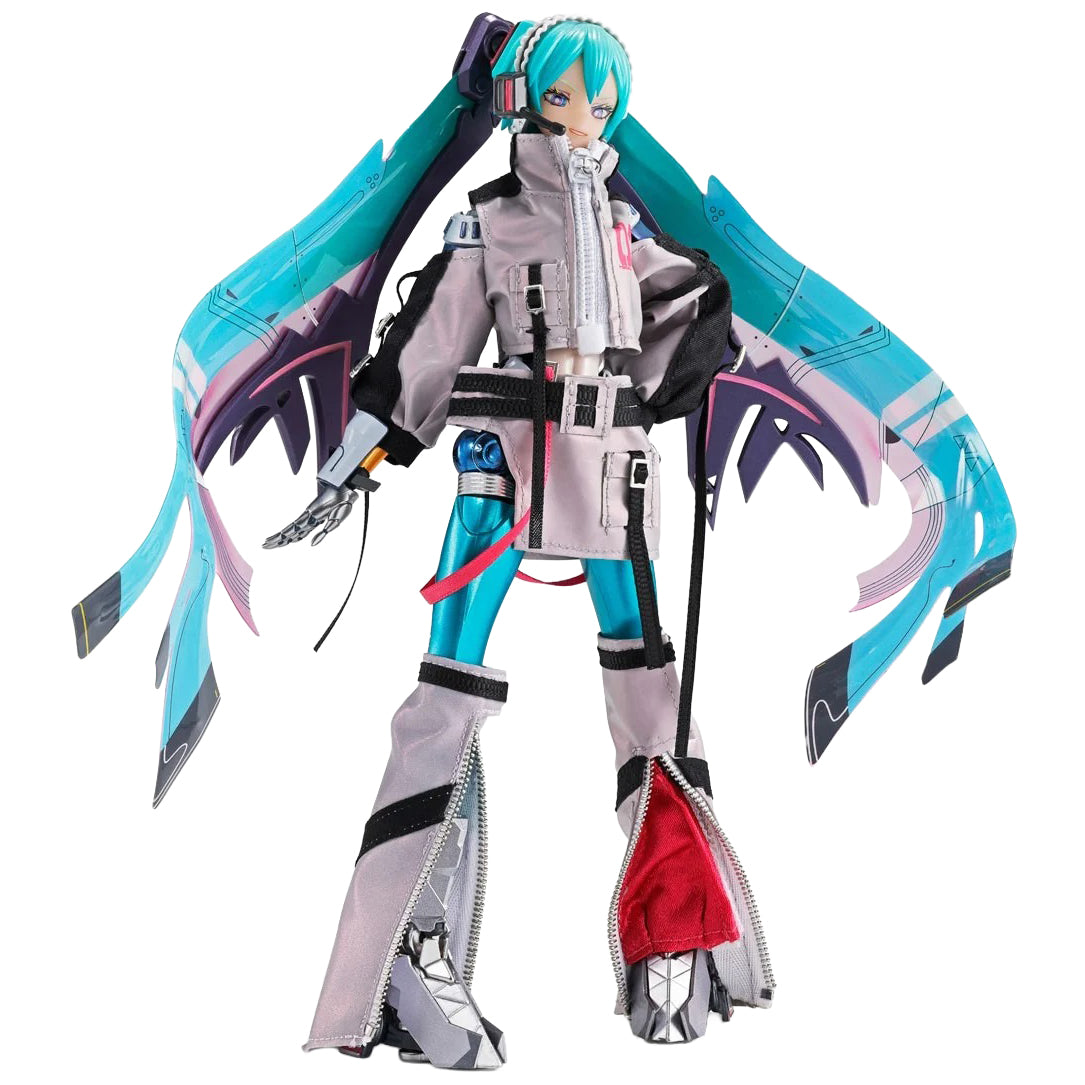 Hatsune Miku action figure featuring long turquoise twin-tails, a futuristic gray jacket, metallic blue legs, mechanical details, and oversized zippered boots.