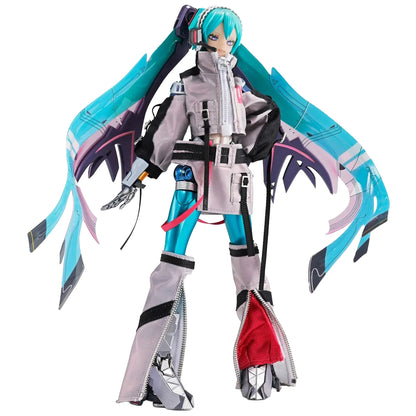 Hatsune Miku action figure featuring long turquoise twin-tails, a futuristic gray jacket, metallic blue legs, mechanical details, and oversized zippered boots.