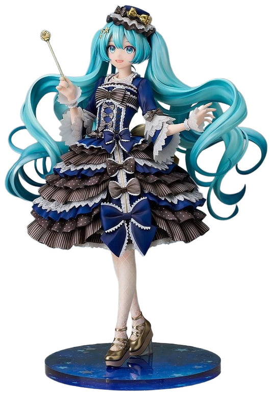 Figure with long turquoise hair and a detailed outfit on a white background