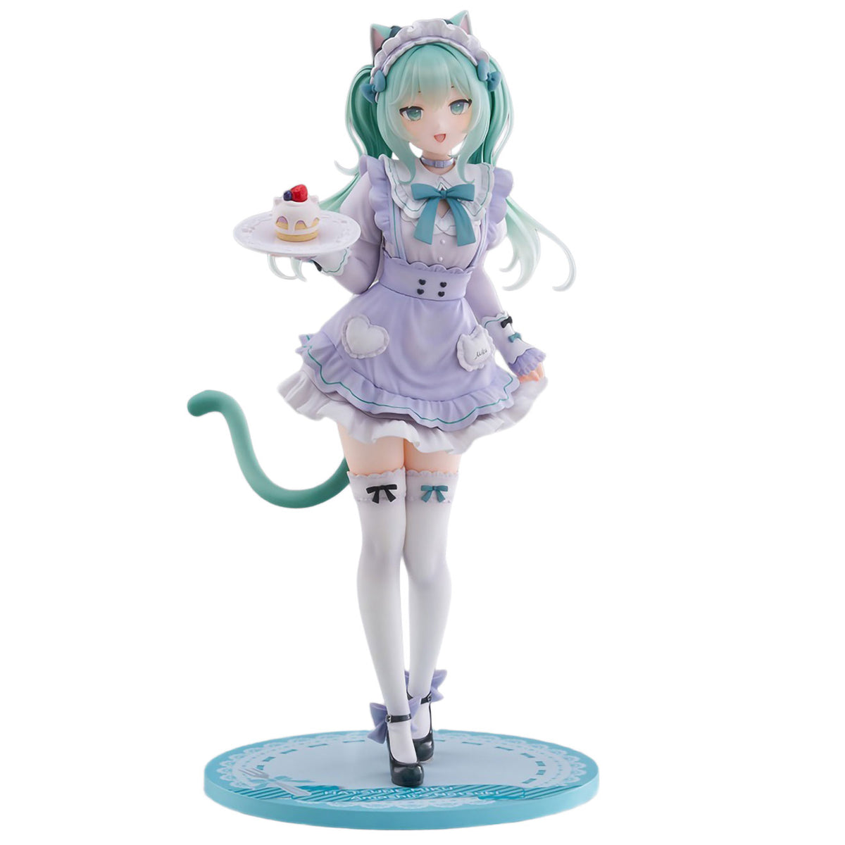 A collectible figurine of Hatsune Miku with long teal hair, cat ears, and a tail, wearing a lavender maid outfit and holding a small dessert on a plate, standing on a round blue base against a white background.