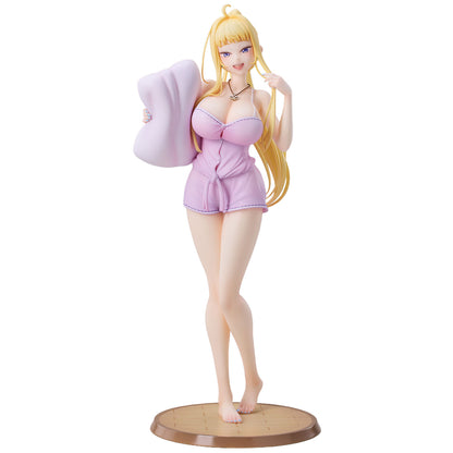 An anime figurine of Minami Fuyuki from Hokkaido Gals Are Super Adorable! standing on a round wooden like base, wearing a light pink pajama and holding a large light purple pillow over her shoulder, photographed against a plain white background.