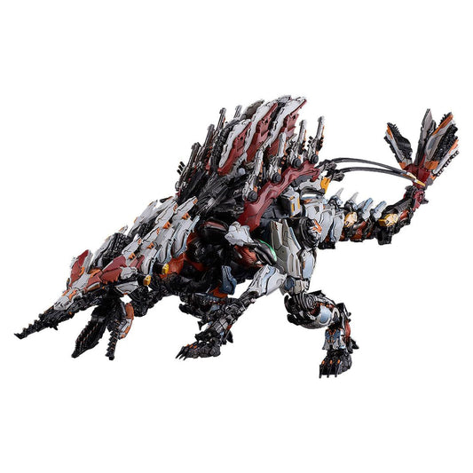 A highly detailed, Slaughterspine from Horizon Forbidden West figure constructed from interlocking plastic pieces, featuring a metallic silver and black body with red and orange accents, set against a solid white background.