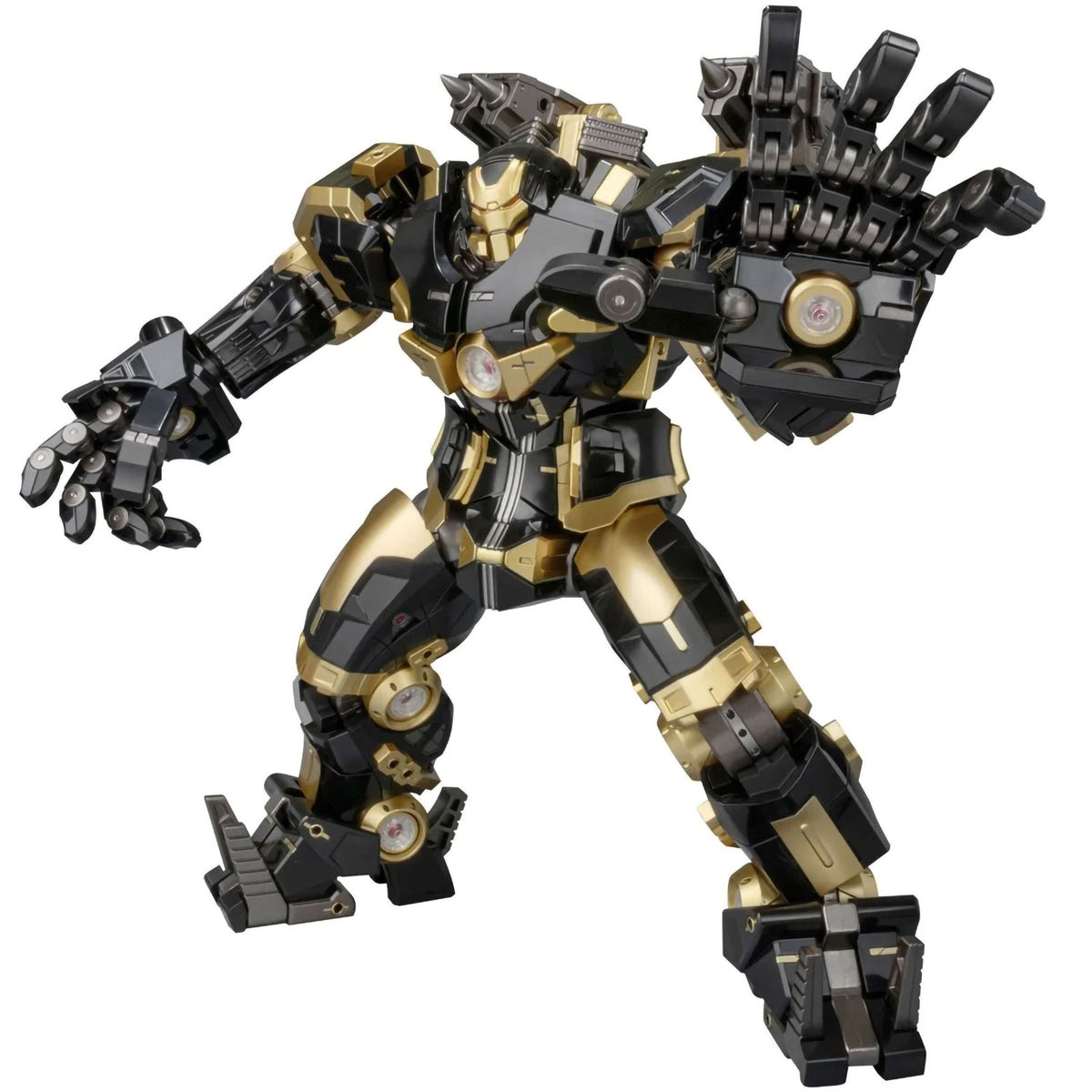 A black and gold articulated mecha, Hulkbusters from the Marvel Universe action figure, posed in a dynamic stance against a plain white background.