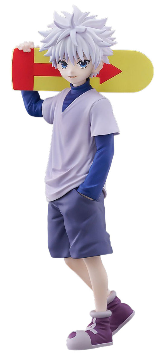 A collectible anime figurine of Killua Zoldyck from Hunter x Hunter, shown holding his signature red and yellow arrowboard. The figure is detailed with spiky white hair, a light purple t-shirt over a blue long-sleeve, purple shorts, and purple sneakers, set against a plain white background.