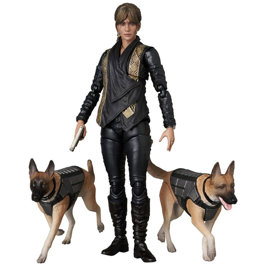 Action figure of Sofia from John Wick with two dogs on a white background