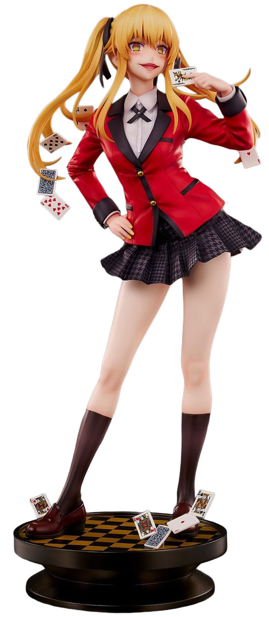 An anime figurine of a blonde female character in a red blazer and dark pleated skirt, posed on a black-and-gold checkered base with playing cards floating around her against a plain white background.