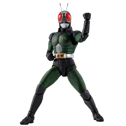 Kamen Rider Black RX action figure in a dynamic pose, featuring a green and black armored suit with red eyes, a gold chest emblem, and a silver-and-gold belt, set against a plain white background.