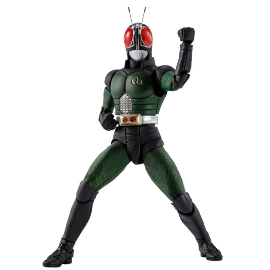 Kamen Rider Black RX action figure in a dynamic pose, featuring a green and black armored suit with red eyes, a gold chest emblem, and a silver-and-gold belt, set against a plain white background.