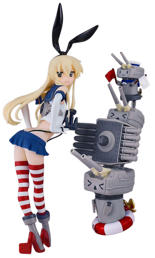 An anime figurine of a blonde bunny girl character with black bunny ears, wearing a blue and white sailor-style top and skirt, red and white striped thigh-high socks, and red high heels, posed next to a gray naval gun turret model on a plain white background.