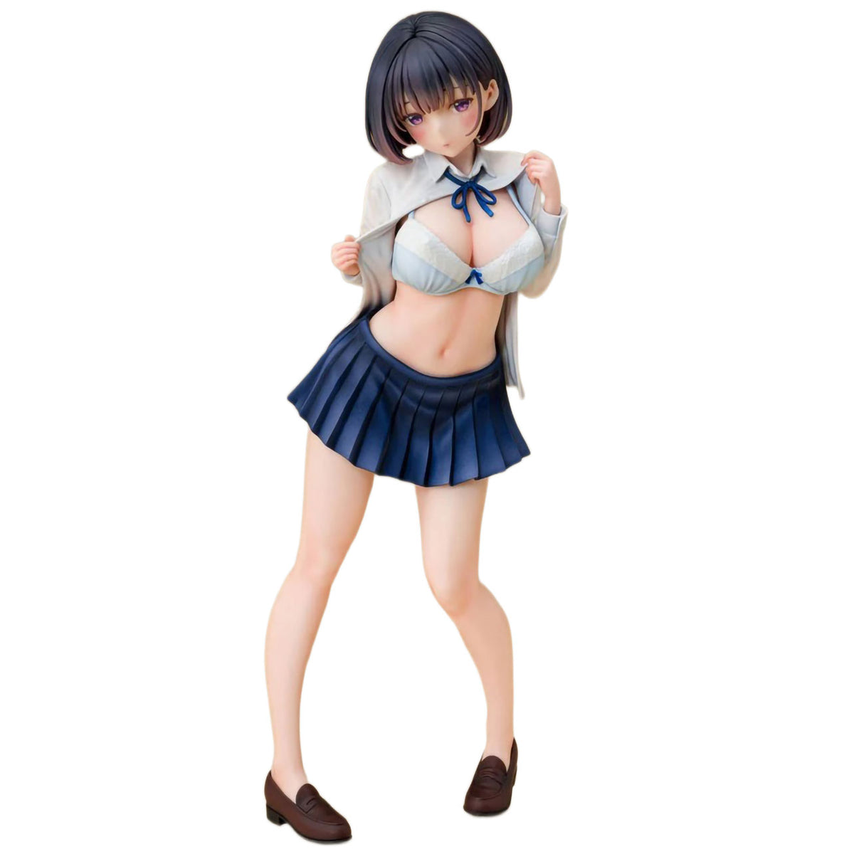 An anime-style female figurine Yurina Inoue with short hair, wearing a light gray open jacket, a pale blue bra top with a blue bow, a dark blue pleated mini skirt, and dark brown loafers, posed against a plain white background.