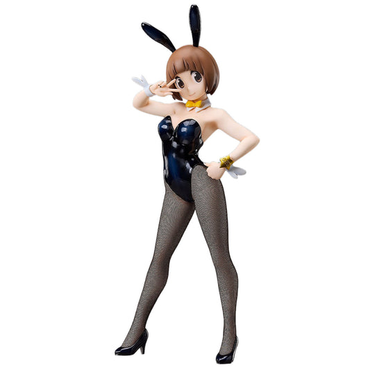 A collectible anime figurine of Mako Mankanshoku from Kill la Kill in a bunny suit, black bunny ears, and black high heels, posed against a solid white background.