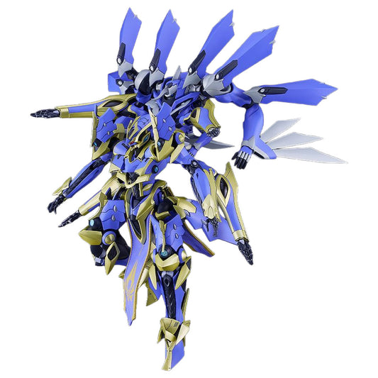 A highly detailed, articulated Magatsu Ikaruga model from Knight's & Magic in a dynamic flying pose, featuring a blue and gold color scheme with black accents, set against a solid white background.
