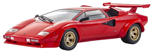 A red model Lamborghini Countach sports car with gold wheels, shown from a three-quarters front angle on a white background.