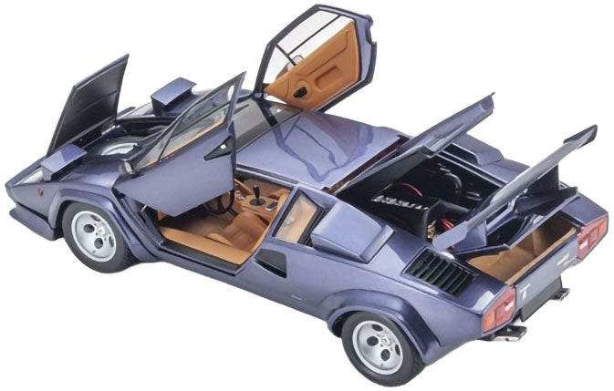 A model of a Lamborghini Countach in metallic blue-purple with tan interiors, shown with all doors and the rear hatch open against a white background.