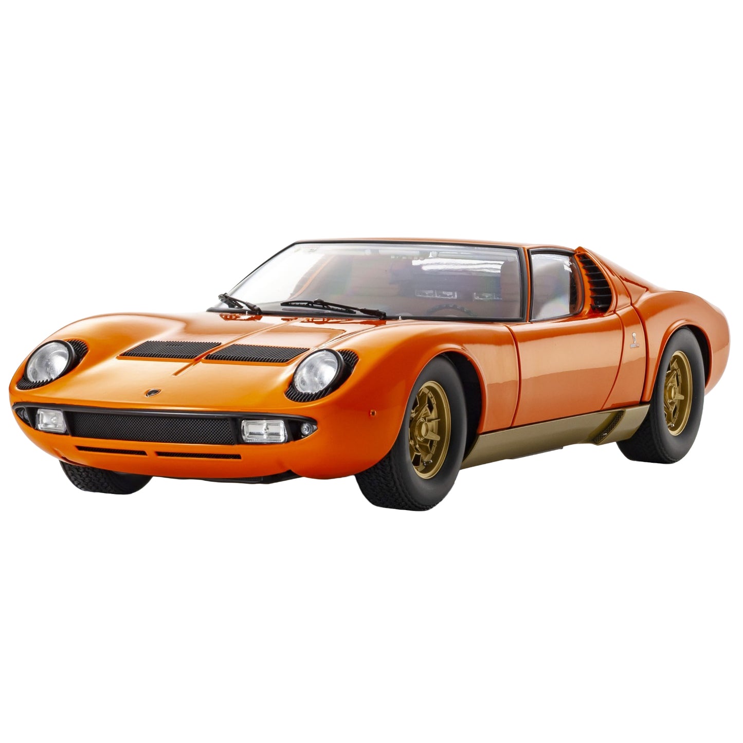 An orange Lamborghini Miura P400 model with gold wheels and a black front grille, shown on a plain white background.