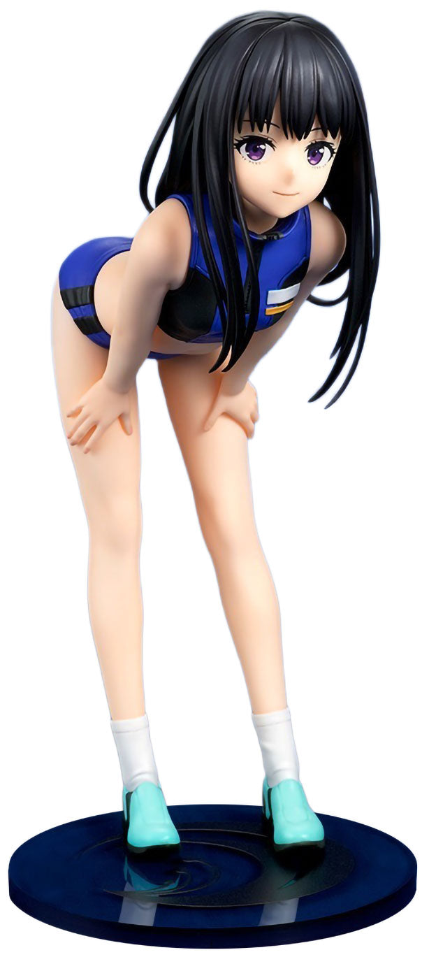 An anime figurine of a female character with long black hair, wearing a blue and black athletic outfit, white socks, and teal shoes, posed on a dark blue circular base against a white background.
