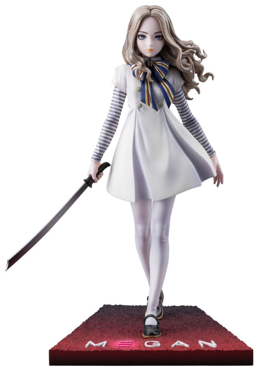 Statue of a character named Megan holding a sword on a red platform with a white background