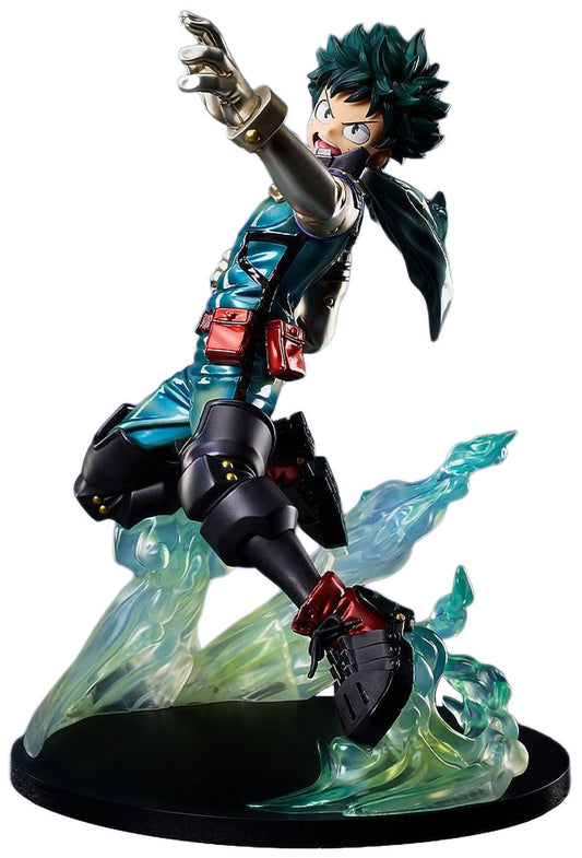 A collectible action figure of Izumi Midoriya from My Hero Academia on a dynamic translucent blue and green wave base, set against a plain white background.