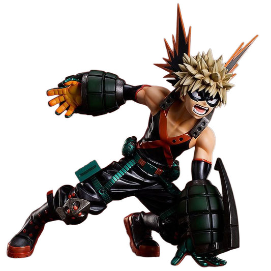 A detailed collectible action figure of Katsuya Bakugo from My Hero Academia in a dynamic crouching pose, featuring spiky blond hair, a black and orange mask, and a black and green grenade-themed outfit with orange accents, set against a plain white background.