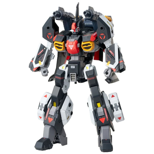 A detailed mecha robot toy figure, AFC-01X Alpha Legioss Alpha from Genesis Climber MOSPEADA in a standing pose, featuring a color scheme of black, gray, white, red, and yellow, isolated on a white background.
