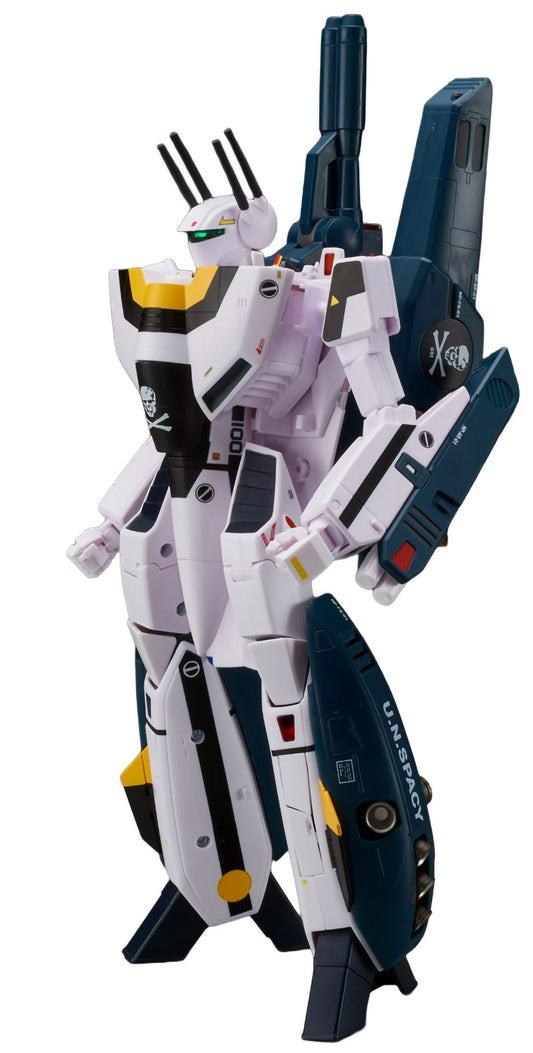 Model kit of a robot with white, black, and blue color scheme on a white background