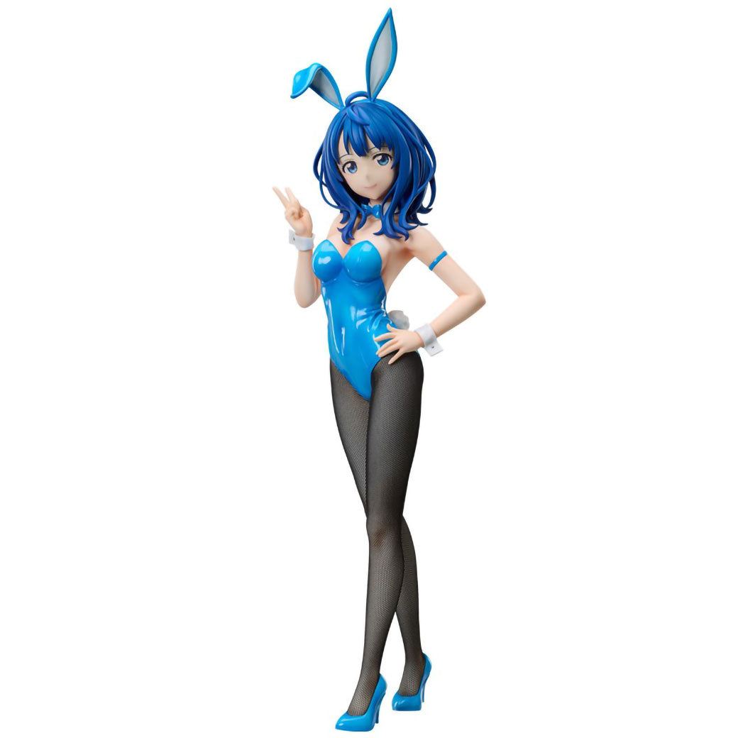 An anime figurine of a blue-haired Anna Yanami from Makeine: Too Many Losing Heroines! in a glossy blue bunny costume bodysuit, black thigh-high stockings, and blue high heels, posed against a solid white background.