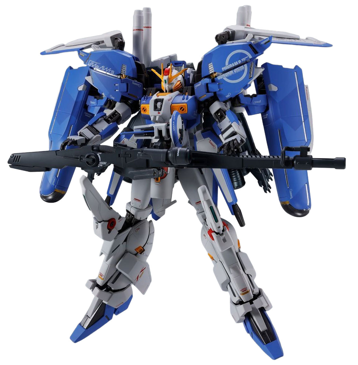 Mechanical robot model with blue, gray, and white color scheme on a white background