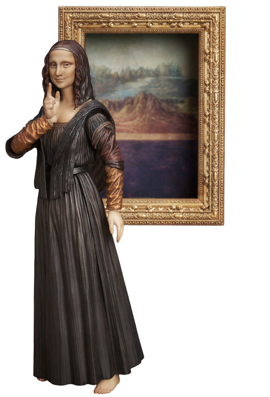 Mona Lisa statue with a finger on lips gesture in front of a framed painting