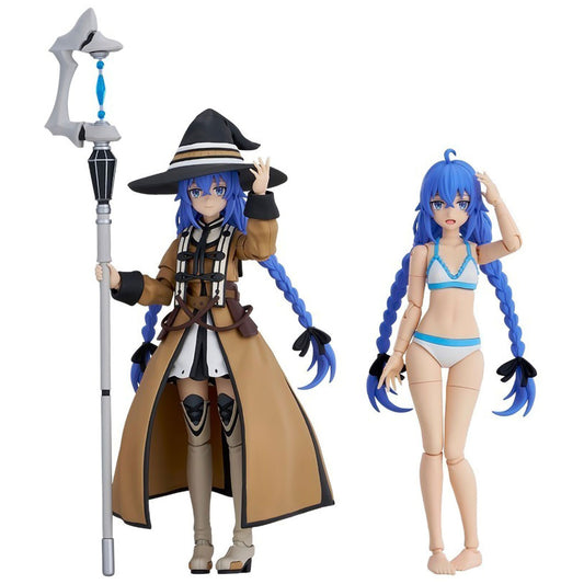 Two anime action figures of Mushoku Tensei Roxy Migurdia shown on a plain white background: one in a tan and black witch-style outfit holding a staff, and one in a light blue bikini.