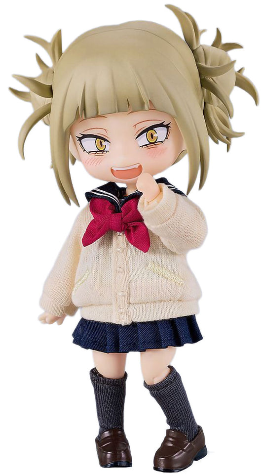 A chibi-style anime figurine of a girl with blonde pigtails, wearing a cream cardigan, dark navy pleated skirt, a red bow, and dark gray socks, posed against a plain white background.