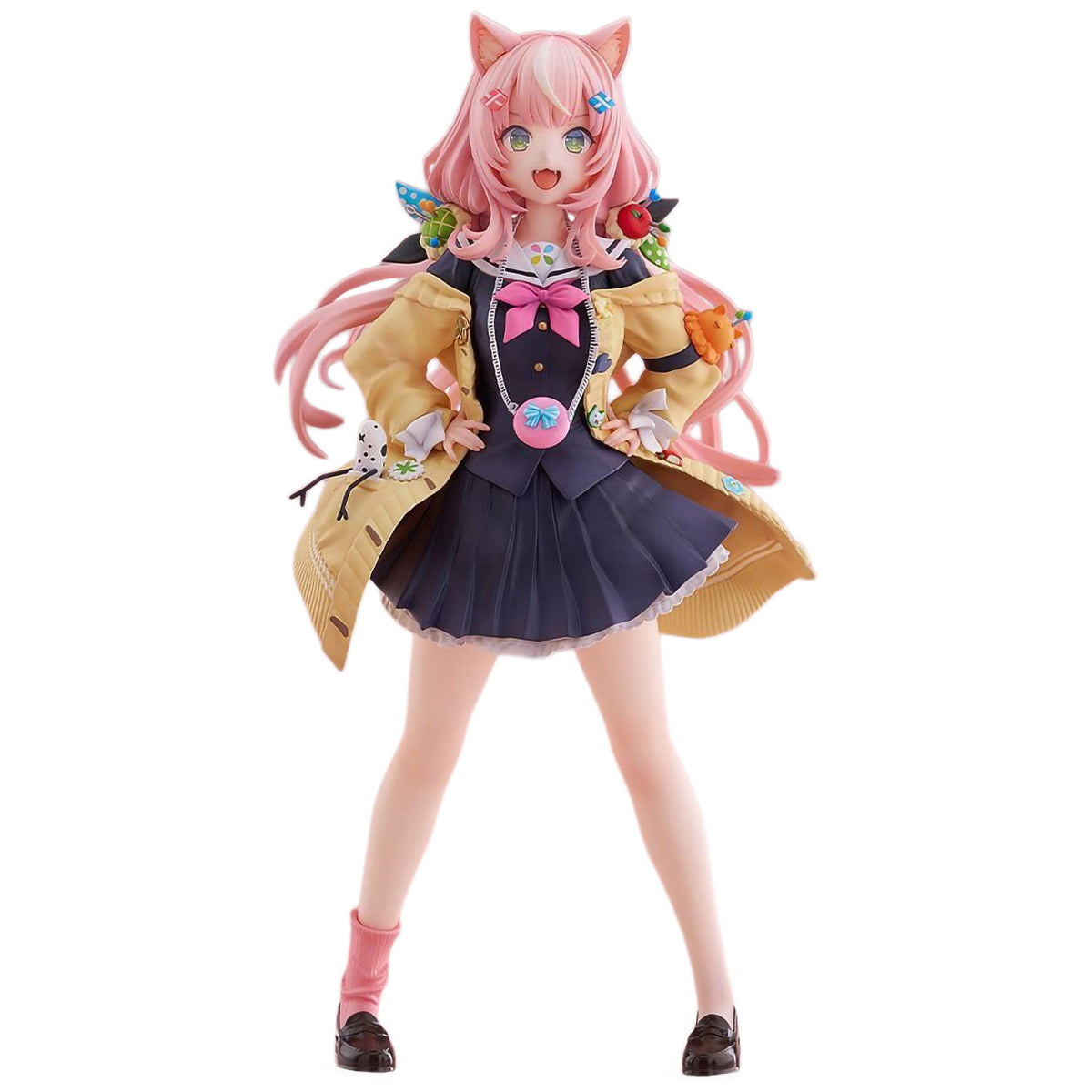 A full-body anime-style figurine of Yang Nari from NIJISANJI, wearing a tan coat over a dark navy pleated dress with a pink bow, posed against a plain white background.